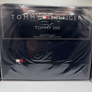 Vtg Tommy Hilfiger TOMMY 200 Queen Flat Sheet Navy Blue 100%Ring Spun Cotton NIP
